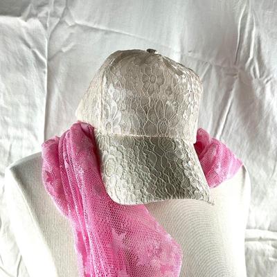 184 Pink Lace Scarf with Pink Hat, Pastel Link Neclace, with Enamel Charm Bracelet