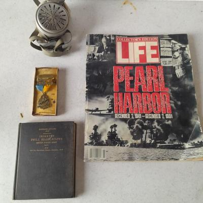 Infantry Drill Regulations US Army 1911 book, Life Pearl Harbor, mask and 1959 Bench rest medal