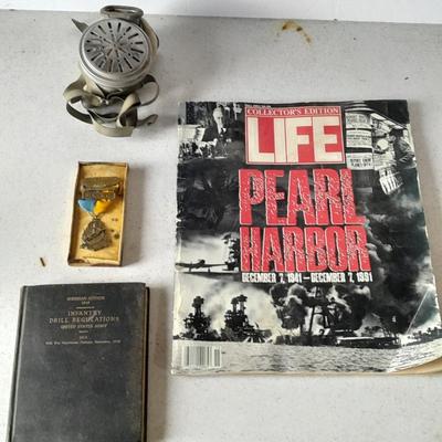 Infantry Drill Regulations US Army 1911 book, Life Pearl Harbor, mask and 1959 Bench rest medal