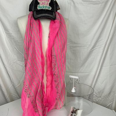 185 Mommy Like a Rockstar Hat with Pink Scarf, Starfish Earrings and Silver Cuff Bracelet