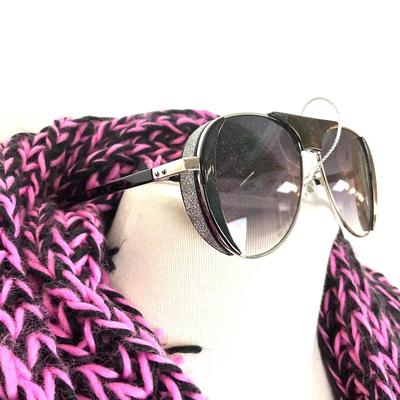 186 Pink and Black Knit Scarf with Peacock Jewelry and Black Sunglasses