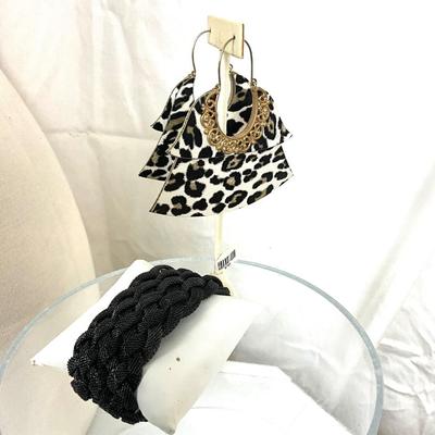 187 Black and White Infinity Scarf, Leopard Earrings, with Braided Mesh Bracelet