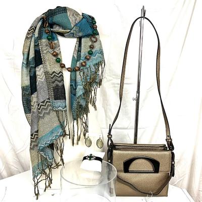 188 Earthtone Shawl with Taupe Vegan Purse, Rhinestone Bracelet, Brown and Green Necklace