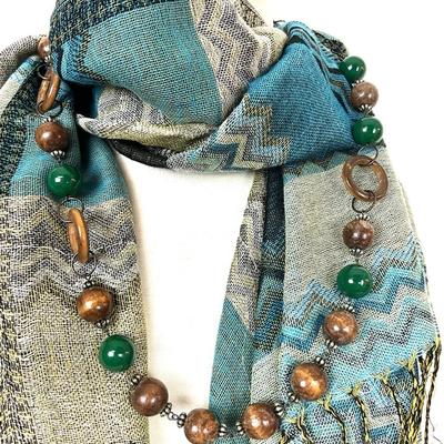 188 Earthtone Shawl with Taupe Vegan Purse, Rhinestone Bracelet, Brown and Green Necklace