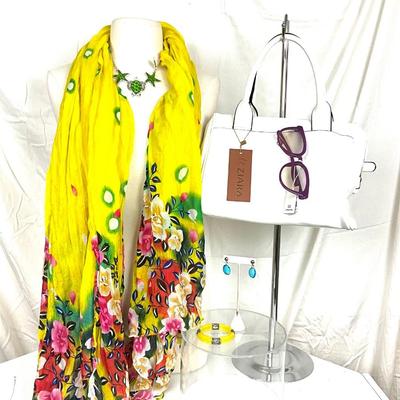 189 Yellow Floral Shawl with White Handbag, Purple Sunglasses, Yellow Bracelet, and Aqua Earrings