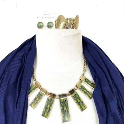 190 Preppy Peacock Necklace, Earrings with Royal Blue Scarf
