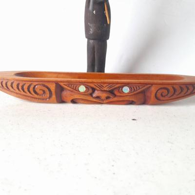 Wooden Carved in Rotorua New Zealand boat and Wood carved African statue