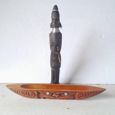Wooden Carved in Rotorua New Zealand boat and Wood carved African statue