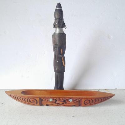 Wooden Carved in Rotorua New Zealand boat and Wood carved African statue