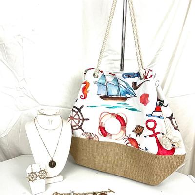 195 Nautical Beach Bag with Anchor Necklace, Bracelet and Wheel Earrings