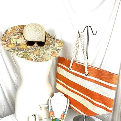 196 Beach Bag Lot, Jewelry, Sunhat, Sunglasses