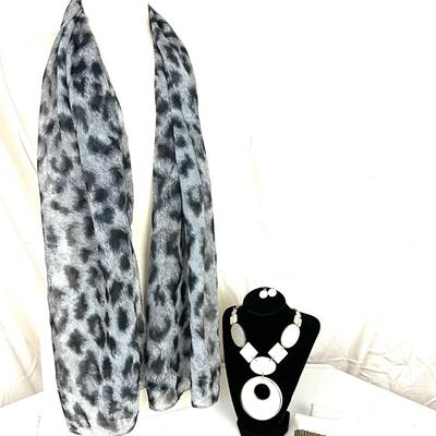 198 Black and White Leopard Scarf with White Necklace & Earring Set with Stretch Bracelet