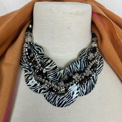 199 Orange, Black and White Scarf/Wrap with Black and White Necklace and Earrings