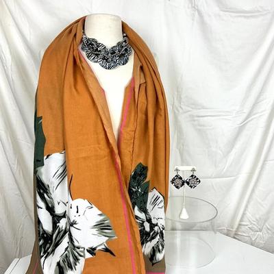 199 Orange, Black and White Scarf/Wrap with Black and White Necklace and Earrings