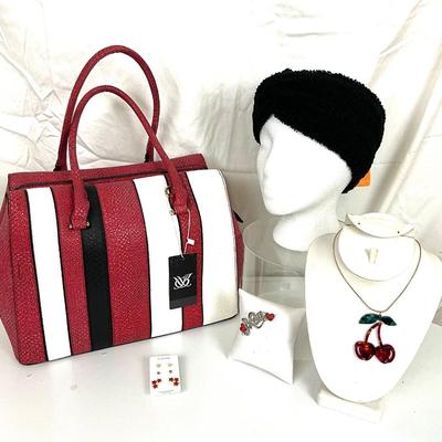 202 Red,White,Black Handbag with Black Head Wrap, Cherry Necklace, Love Brooch