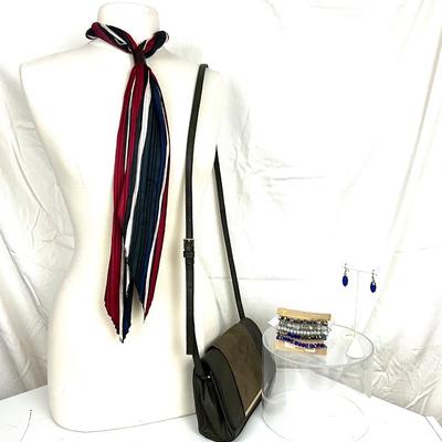 203 Red, White, Black Bolero Style Scarf with Handbag, Stretch Bracelets, Blue Earrings