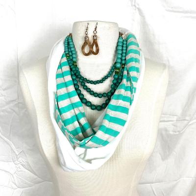 204 Green and White Infinity Knit Scarf with Gold Tone Earrings, and Green Necklace