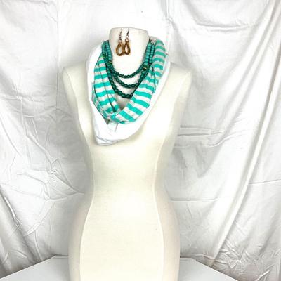 204 Green and White Infinity Knit Scarf with Gold Tone Earrings, and Green Necklace