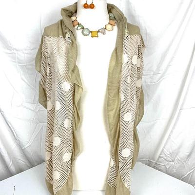 205 Taupe Crochet Shawl with Statement Necklace and Amber Colored Earrings