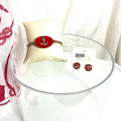 206 Red and White Anchor Sailing Scarf with Enamel, Stretch Bracelet, Earrings and Rhinestone Necklace