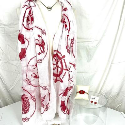 206 Red and White Anchor Sailing Scarf with Enamel, Stretch Bracelet, Earrings and Rhinestone Necklace