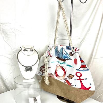 208 Nautical Beach Bag with Crab Silvertone Necklace Earring Set and Sea Themed Bracelet