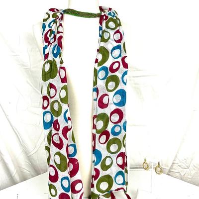 209 Green, Blue, Burgundy Circle Scarf with Gold tone Earrings and Bracelet, with Beaded Green Necklace