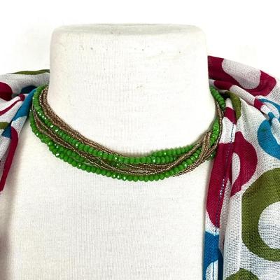 209 Green, Blue, Burgundy Circle Scarf with Gold tone Earrings and Bracelet, with Beaded Green Necklace