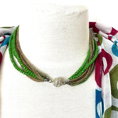 209 Green, Blue, Burgundy Circle Scarf with Gold tone Earrings and Bracelet, with Beaded Green Necklace