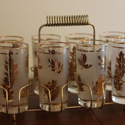 Libbey Golden Foliage Tumblers in Metal Caddy, Set of (8) Glasses
