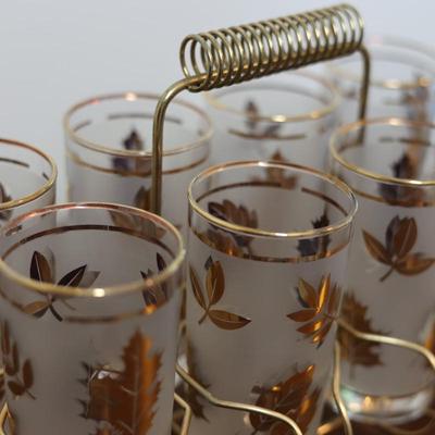 Libbey Golden Foliage Tumblers in Metal Caddy, Set of (8) Glasses