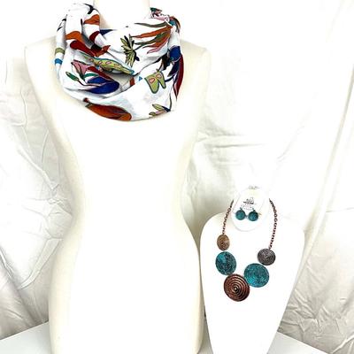 210 Multi Colored Infinity Wrap with Secret Zipper Pouch and Rustic /Copper Earring, Necklace Set
