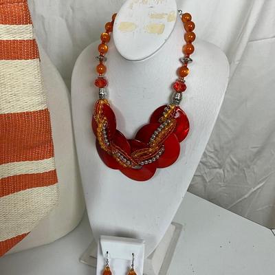 211 Orange and White Beach Bag with Tribal Accent Infinity Scarf, Orange Statement Necklace Set