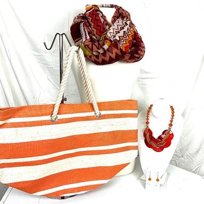 211 Orange and White Beach Bag with Tribal Accent Infinity Scarf, Orange Statement Necklace Set