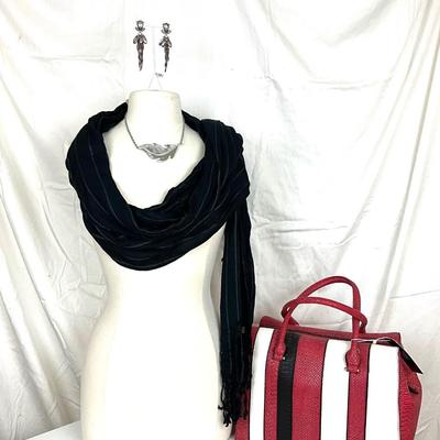 212 Red, White, Black Handbag with Black Knit Scarf, Leaf Rhinestone Necklace and Rhinestone Dangle Earrings