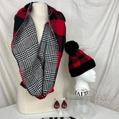 213 Buffalo Plaid Ininity Scarf with Pom Pom Ball Hat with Earrings and Faith Bangle Bracelet