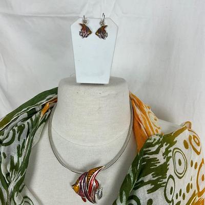 214 Green, White, Orange Shawl/Wrap with Orange and White Beach Bag , Fish Enamel Earrings and Necklace/Pendant