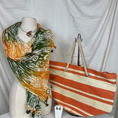 214 Green, White, Orange Shawl/Wrap with Orange and White Beach Bag , Fish Enamel Earrings and Necklace/Pendant
