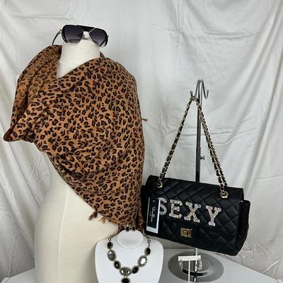 215 Leopard Shawl, Sexy Rhinestone Purse, Black and White Rhinestone Necklace and Earrings, Black Sunglasses