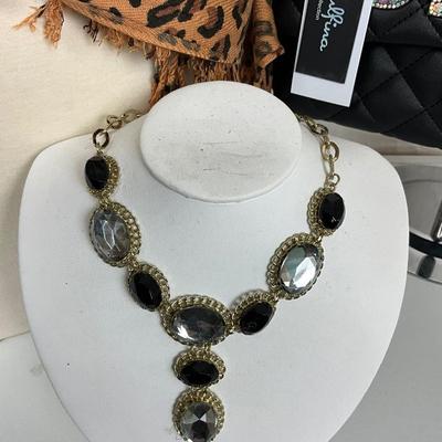 215 Leopard Shawl, Sexy Rhinestone Purse, Black and White Rhinestone Necklace and Earrings, Black Sunglasses