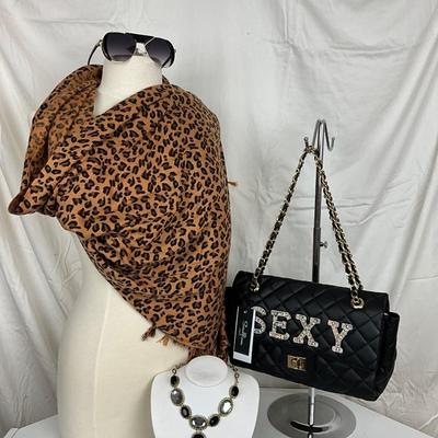 215 Leopard Shawl, Sexy Rhinestone Purse, Black and White Rhinestone Necklace and Earrings, Black Sunglasses