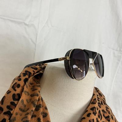 215 Leopard Shawl, Sexy Rhinestone Purse, Black and White Rhinestone Necklace and Earrings, Black Sunglasses