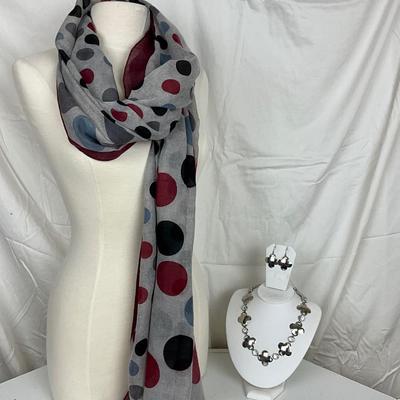 216 Gray Polka Dot Shawl/ Scarf with Silvertone Necklace and Earrings Set