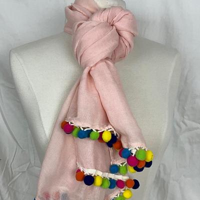 217 Pink Shawl/Scarf with Blue Waist Clutch, Beaded Earrings, Yellow & Blue Necklace