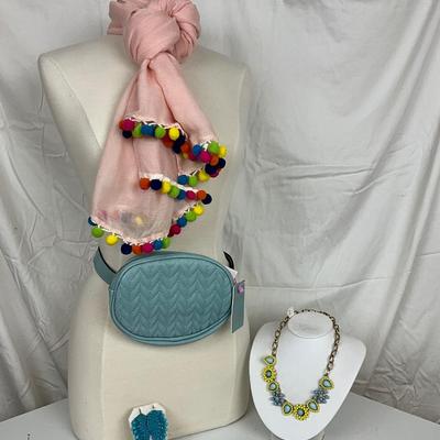 217 Pink Shawl/Scarf with Blue Waist Clutch, Beaded Earrings, Yellow & Blue Necklace