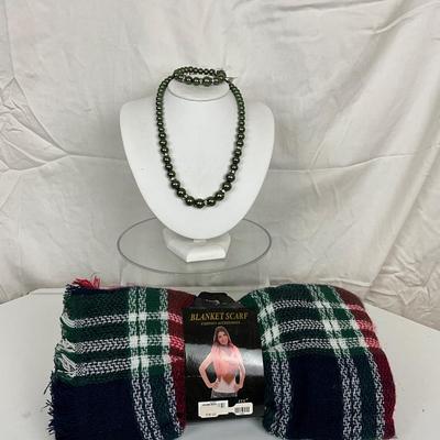 218 Plaid Blanket Scarf with Pearl Necklace and Bracelet