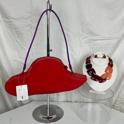 220 Red Hat Lady Handbag with Red/Pink Stone Necklace and Earring Set