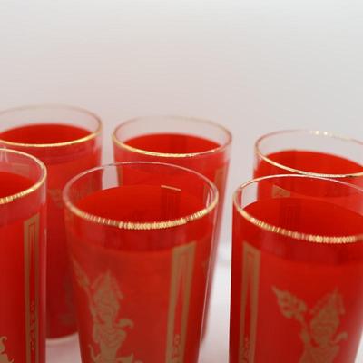 Set of (11) Red and Gold Thai Dancer Glasses