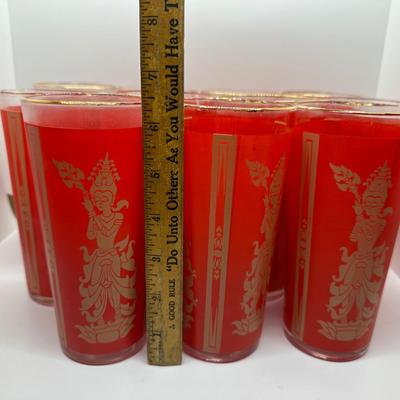 Set of (11) Red and Gold Thai Dancer Glasses