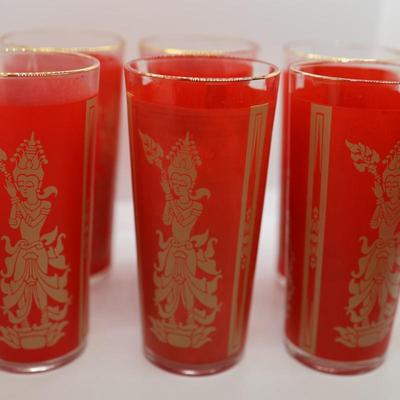 Set of (11) Red and Gold Thai Dancer Glasses
